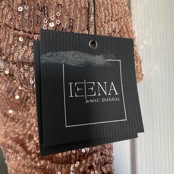 Nwt Ieena for Mac Duggal Sequined Drop Shoulder Faux Wrap Gown in Copper - Picture 10 of 15